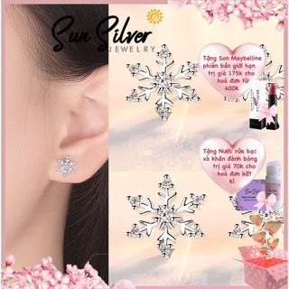 Khuyên Tai Nữ Bạc 925 Mạ Bạch Kim Hoa Tuyết Cùng Đá CZ Cao Cấp Sun Silver