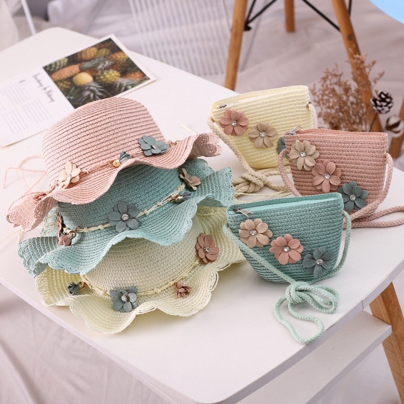 Set mũ cói rộng vành và túi vòng hoa cho bé gái 3-6 tuổi