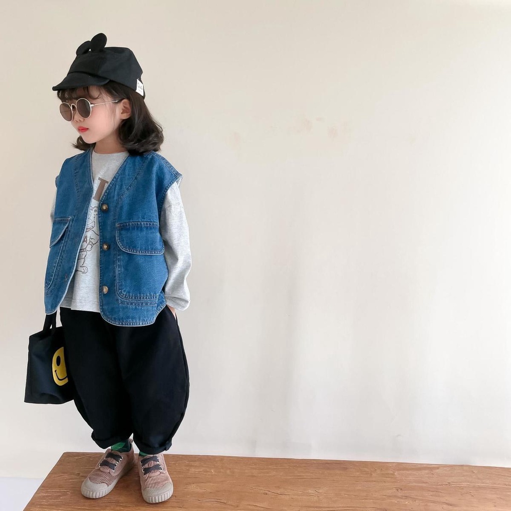 Áo Khoác Denim Không Tay Dáng Rộng Phong Cách Nhật Hàn Thời Trang Mùa Thu Mới 2022 Dành Cho Bé Trai Gái