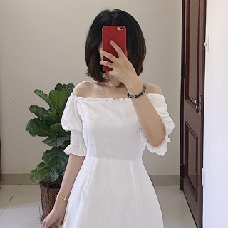 Combo đầm trắng + áo croptop đen