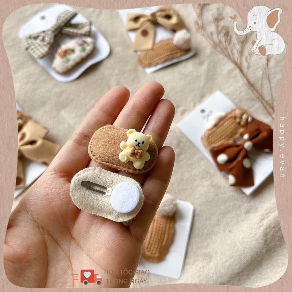 🅷.🄴🅅🄰🄽 Set 2 chiếc kẹp tóc nơ buộc tóc cho bé gái, bọc nỉ êm ái, phong cách Hàn Quốc, tông màu ấm áp.