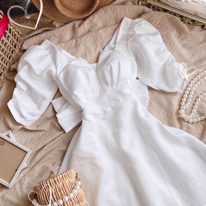 Váy Trắng Xẻ Ngực Nơ Lưng Tay Nhún Phồng Dự Tiệc Chất Taffa V174 Size S M AĐ BOUTIQUE