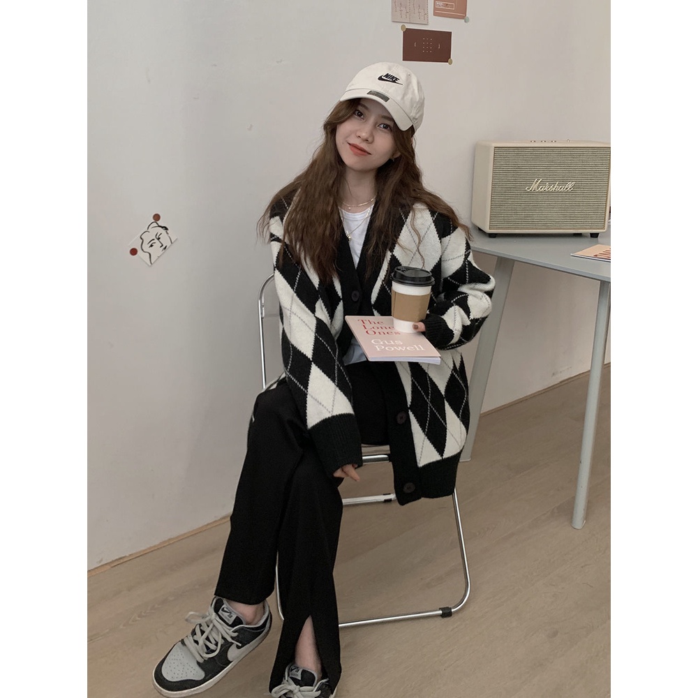 Áo Khoác Cardigan Len Họa Tiết Kim Cương  Áo Khoác Nữ Dày Dặn Phong Cách Hàn Quốc
