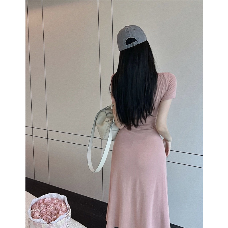 Đầm Tay Ngắn Cổ Vuông Nhấn Eo Phong Cách Pháp Thời Trang 202 Cho Nữ