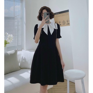 V16.váy đen phối cổ chất chéo hàn cao cấp