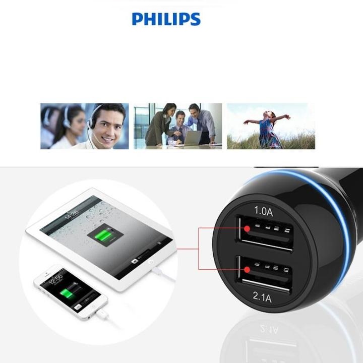 Tẩu sạc ô tô Philips DLP2357, tích hợp 2 cổng sạc 1A và 2.1A, công suất 15.5W