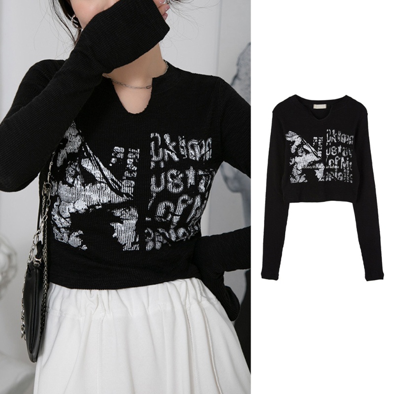 Áo Thun Tay Dài Cổ Chữ V Phong Cách Vintage Cho Nữ