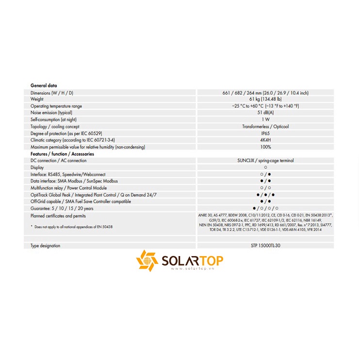 Biến tần inverter hòa lưới SMA 15kw/ 20kw/ 25kw mã STP15000TL-30 | STP20000TL-30 | STP25000TL-30 cho hệ thống solar