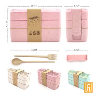 Bộ hộp cơm 3 tầng lúa mạch kèm thìa, dĩa