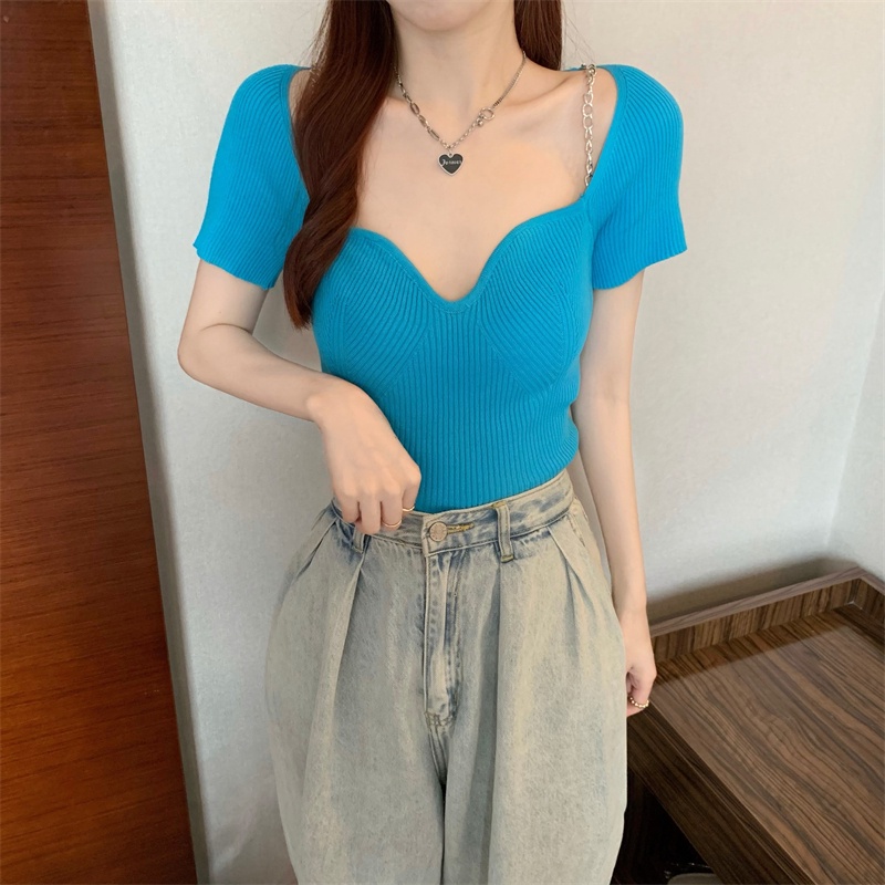 SUXI Áo Croptop Dệt Kim Tay Ngắn Màu Sắc Thời Trang Mùa Hè Cho Nữ