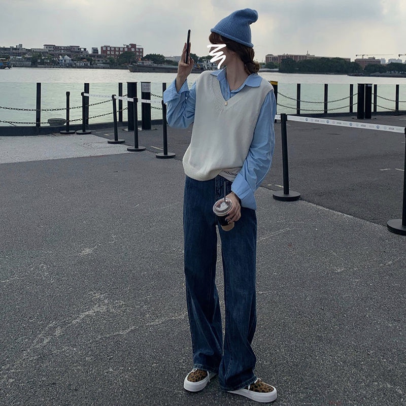 Quần jean dài XIAOZHAINV ống rộng lưng cao phong cách vintage cá tính cho nữ