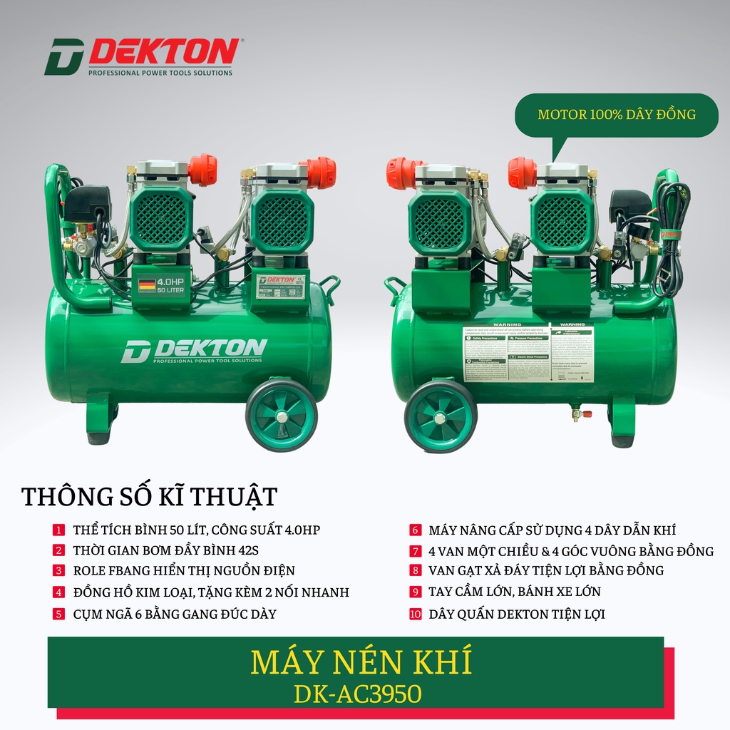 Máy Nén Khí 4HP/50L Dekton Khong Dầu / DK-AC3950 / 42 Giây Đầy Bình/50L