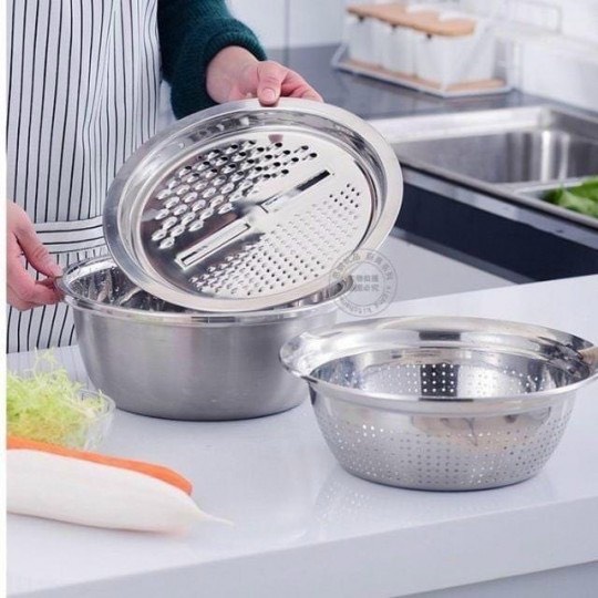 Bộ bào nạo rau củ kiêm rổ và chậu Inox không gỉ Cao cấp đa năng 9in1 - BỘ THAU RỔ BÀO RAU CỦ INOX