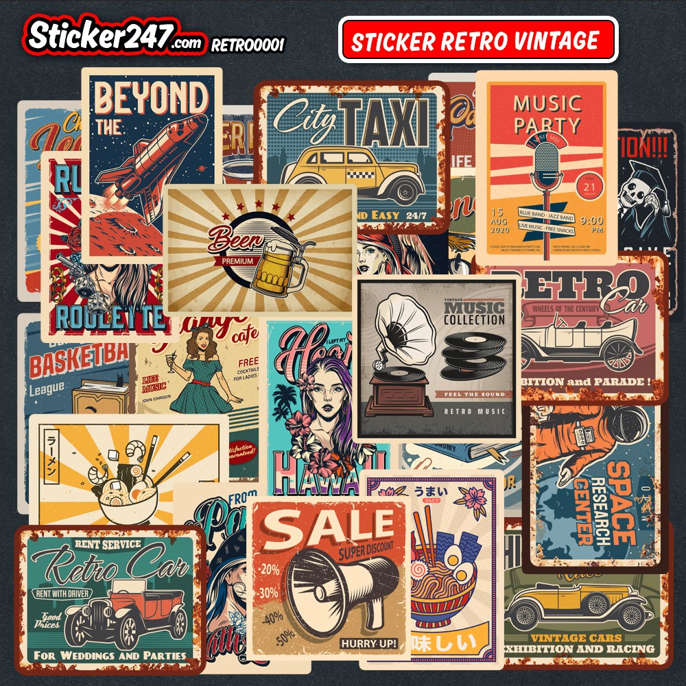 Sticker Retro Vintage dán mũ bảo hiểm 🌈𝑭𝒓𝒆𝒆𝒔𝒉𝒊𝒑 chống nước hình dán xe, vali, đàn, laptop, ván trượt, ipad