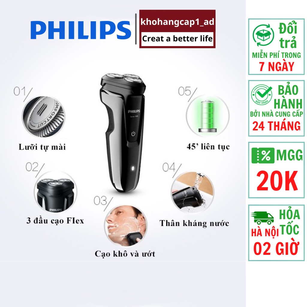 Máy cạo râu Philips điện 3 lưỡi tự mài đa năng khô và ướt S1020 - Bảo hành 02 năm - khohangcap1_ad