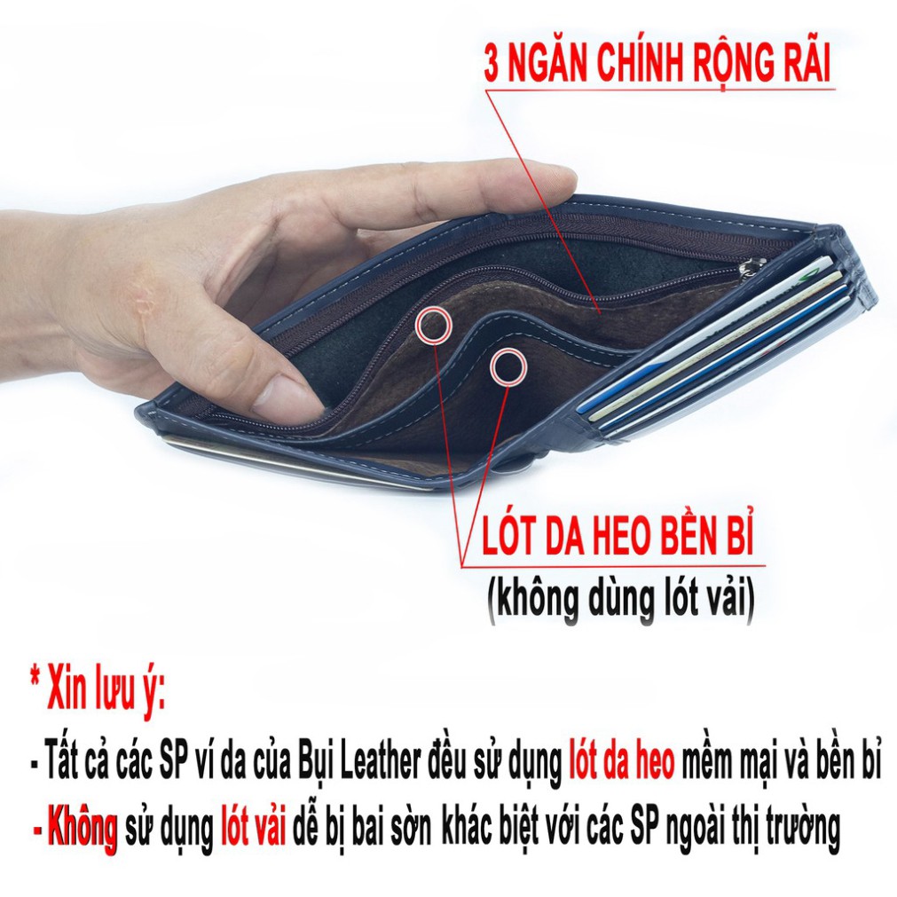 Ví nam da bò Nappa V103 cao cấp-bóp nam màu xanh navy-Da thật,full hộp làm quà tặng thương hiệu Bụi leather,BH 24 tháng