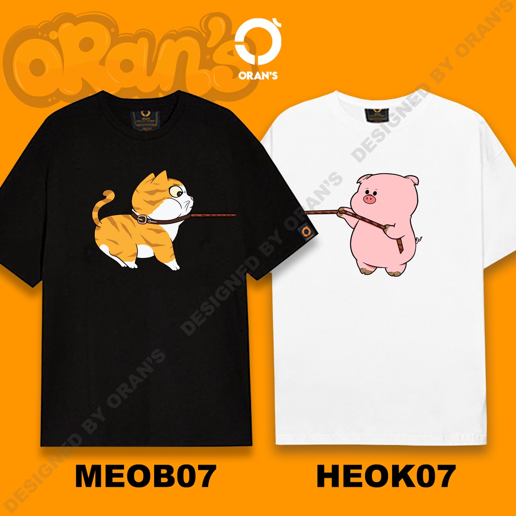 Áo gia đình in hình con heo kéo con mèo 07 tay lỡ Oversize chất COTTON 4C, FULLBOX ORANS COUPLE TEE - ORAN'S