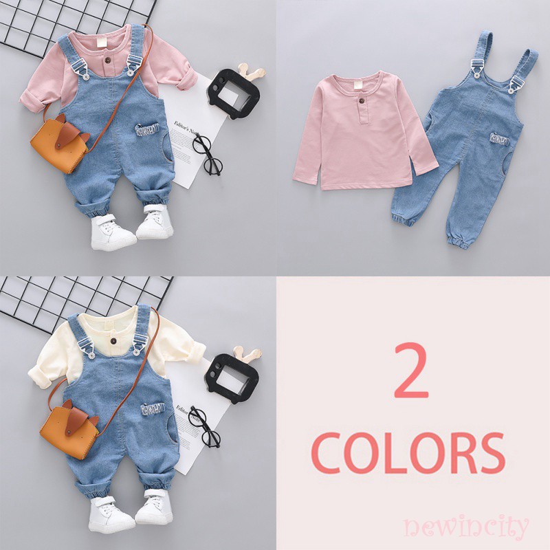 Bộ áo thun dài tay + quần yếm denim thời trang cho bé trai