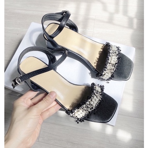 Sandal thổ cẩm đính ngọc gót vuông 3cm tag vàng sang chảnh mã QH18