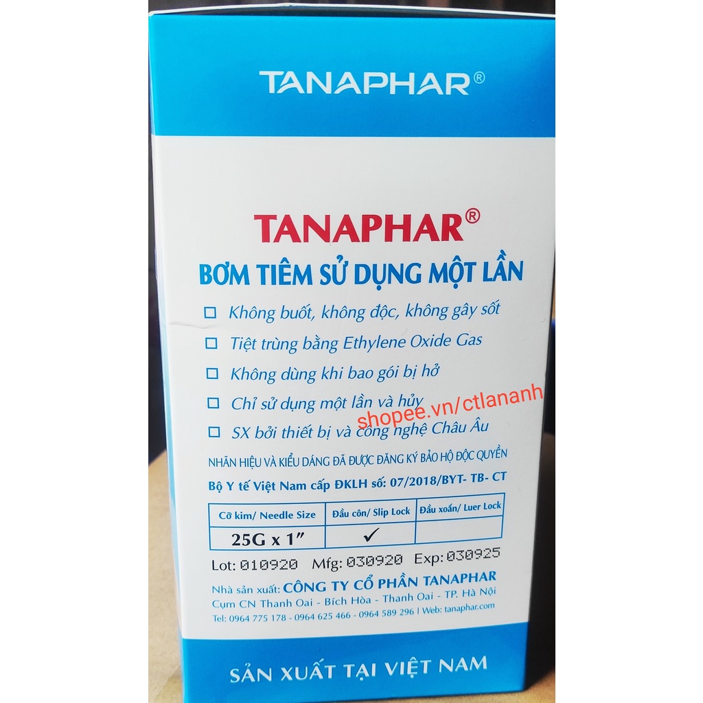 Bơm kim tiêm TANAPHAR sử dụng 1 lần