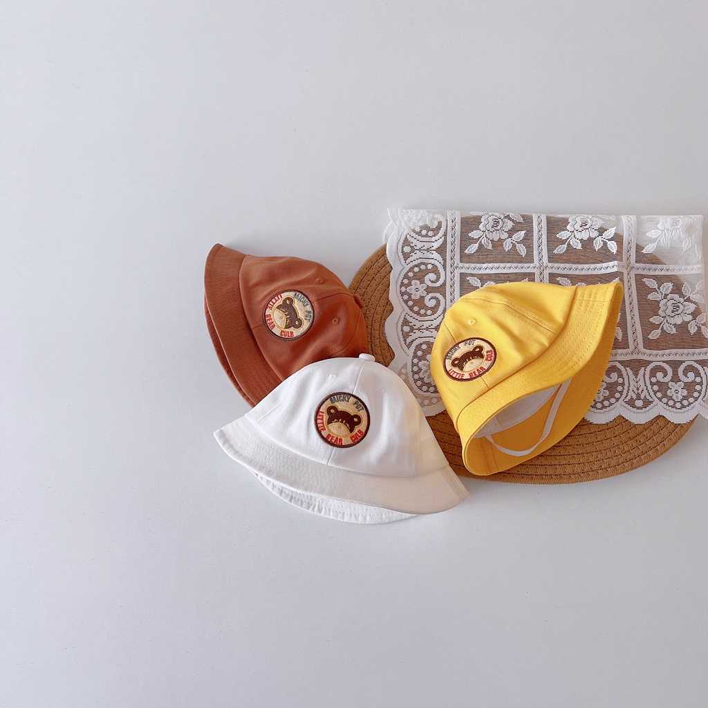 Nón tai bèo vành rộng màu trơn thêu hình gấu dễ thương chống nắng cho trẻ em