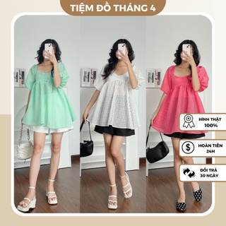 Áo Babydoll Tay Phồng Xinh Xắn TIỆM ĐỒ THÁNG 4 Áo Kiểu Nữ Freesize Chất Kẻ Ô Vuông Mới Lạ FELIDA TOP Dễ Thương K22022