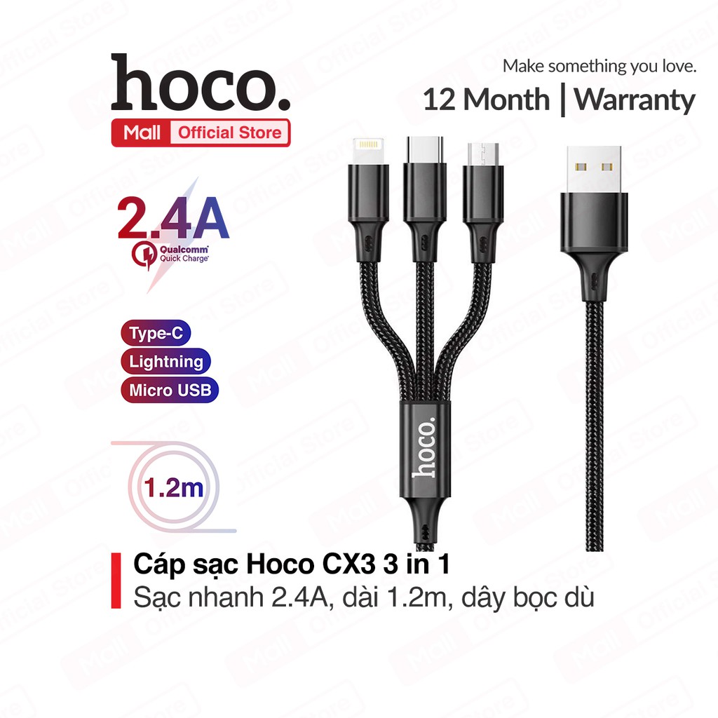 Cáp sạc Hoco CX3 3 in 1 ( Lightning/Micro/Type-C ) sạc nhanh 2.4A, dài 1.2m dây bọc dù chống đứt