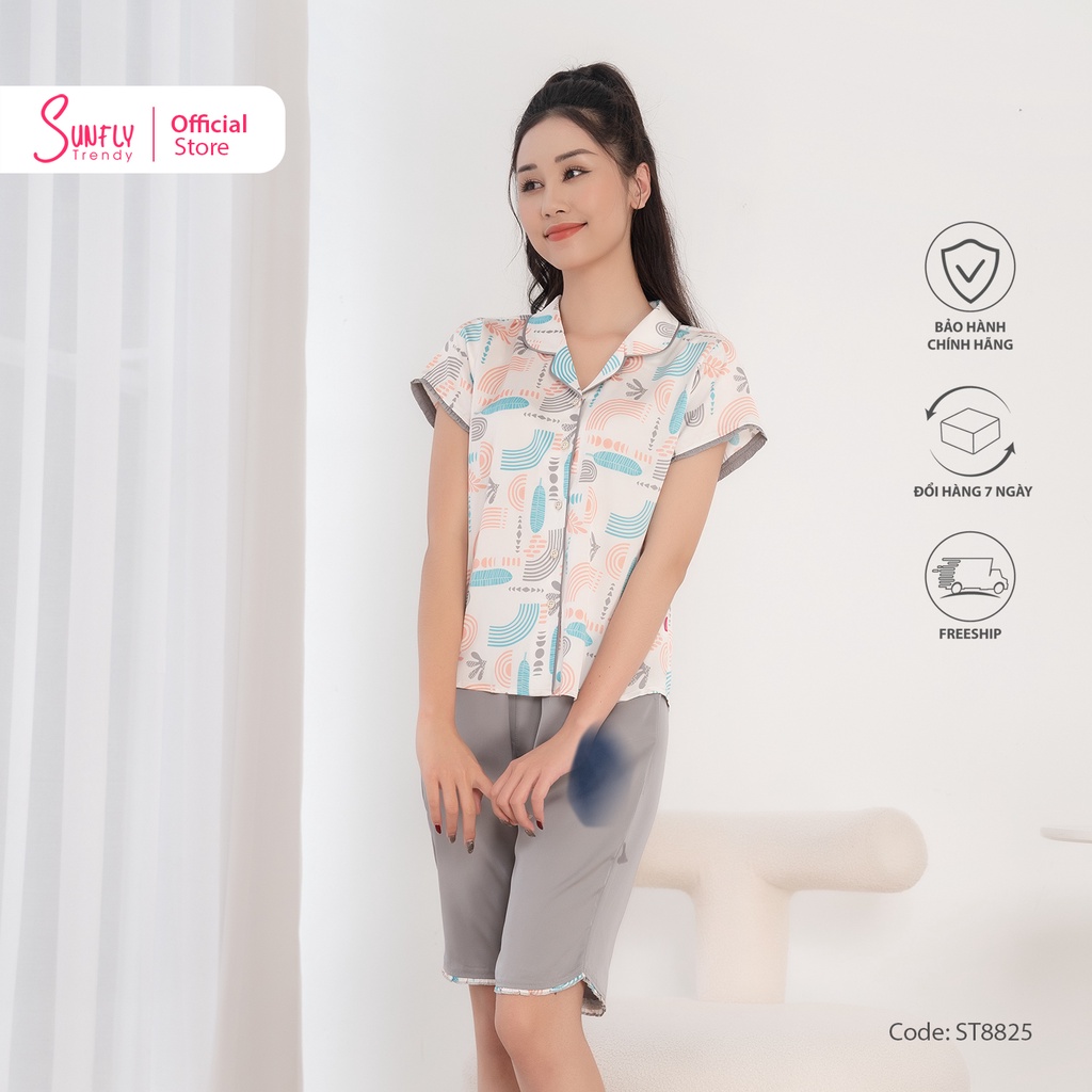 Bộ đồ mặc nhà nữ pijamas lụa SUNFLY áo cộc, quần trên gối ST8825