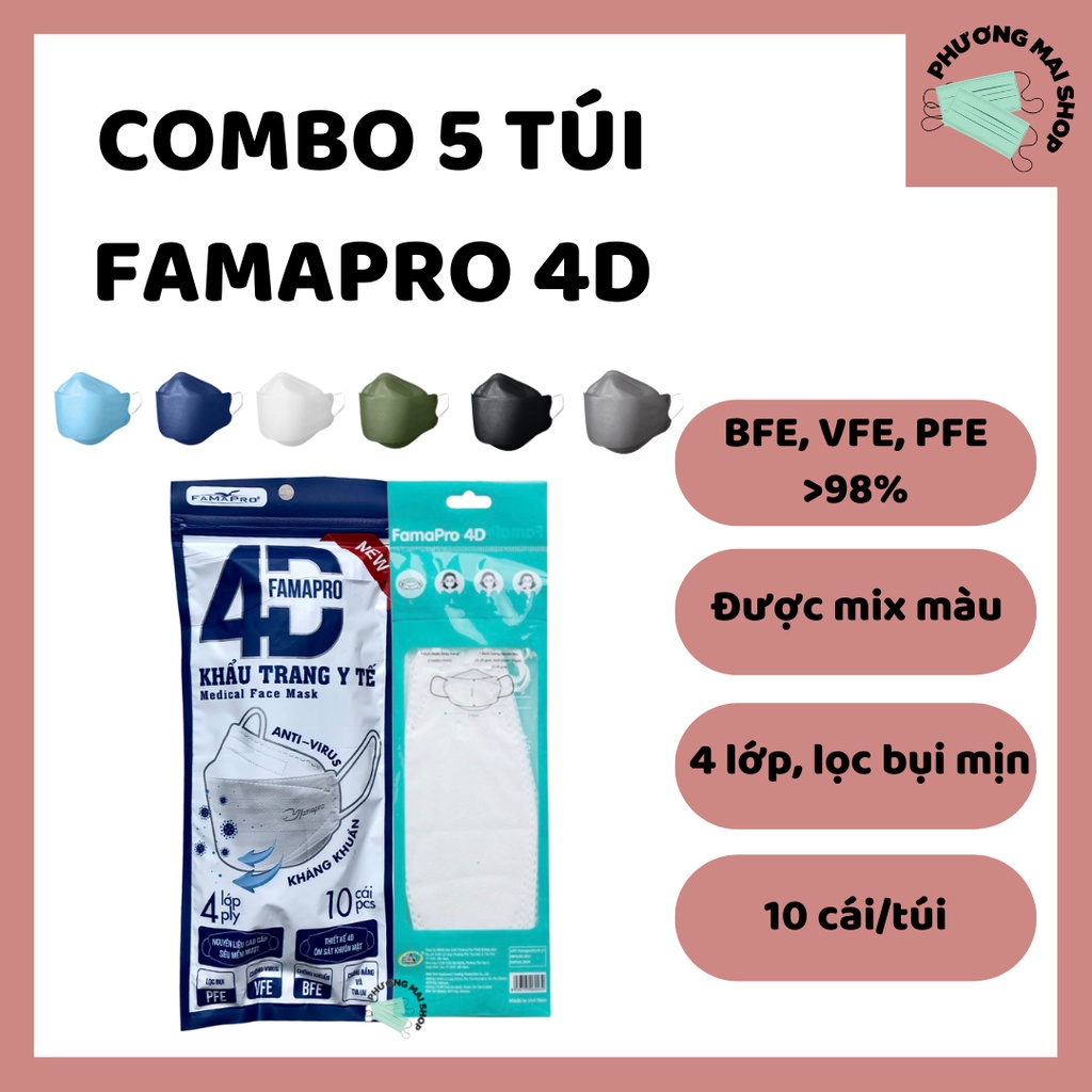 [COMBO 50 CÁI] Khẩu trang y tế cao cấp kháng khuẩn 4 lớp Famapro 4D