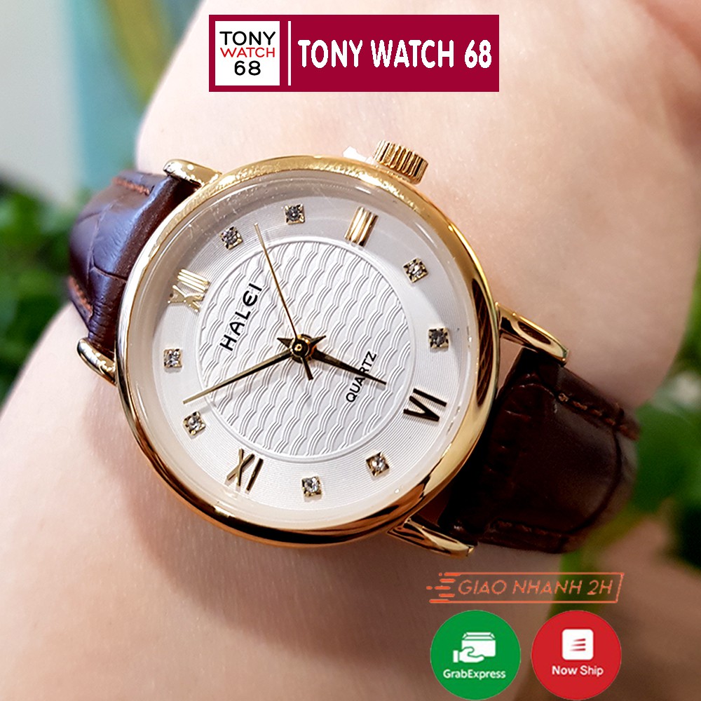 Đồng hồ nữ Halei dây da nâu mặt số la mã nhấn đá chống nước chính hãng Tony Watch 68