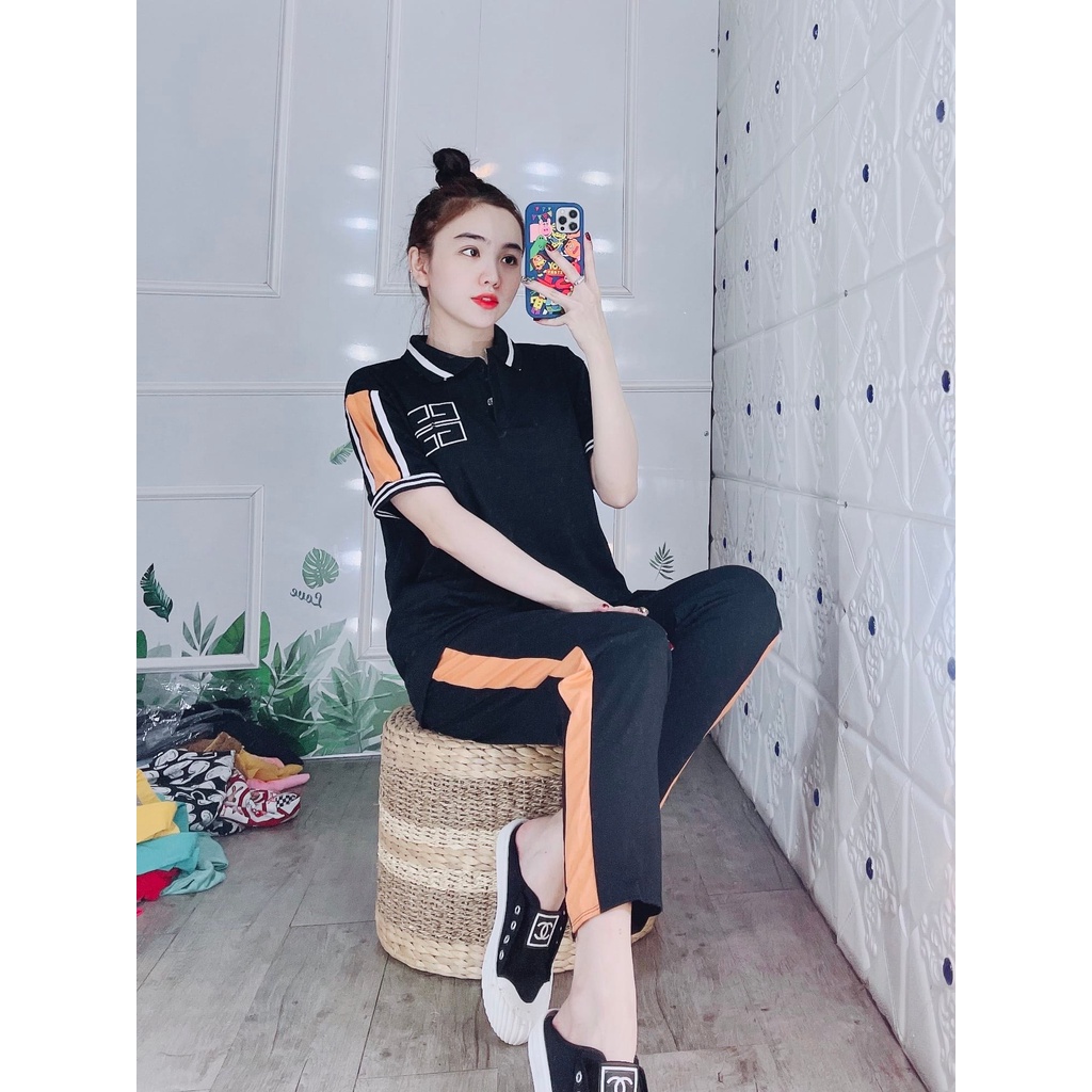 Set Cotton Nữ Cổ Bẻ Dáng Thể Thao - Phối Sọc - Logo Thêu - SP Y Hình