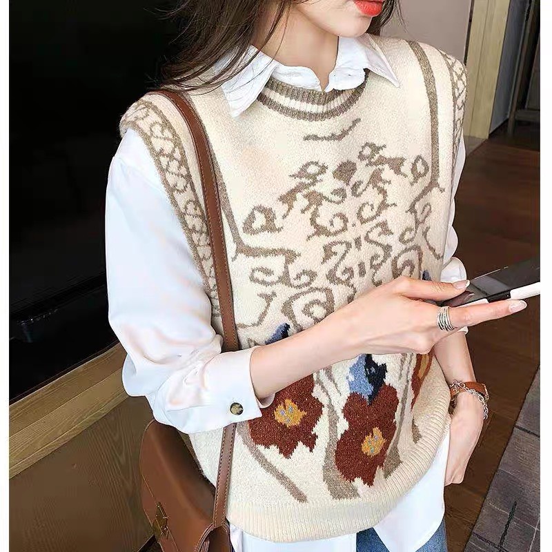 Áo gile len nữ hoạ tiết Ulzzang kiểu màu xanh đen be cổ tròn phong cách thời trang thu đông siêu hot M20HD | BigBuy360 - bigbuy360.vn