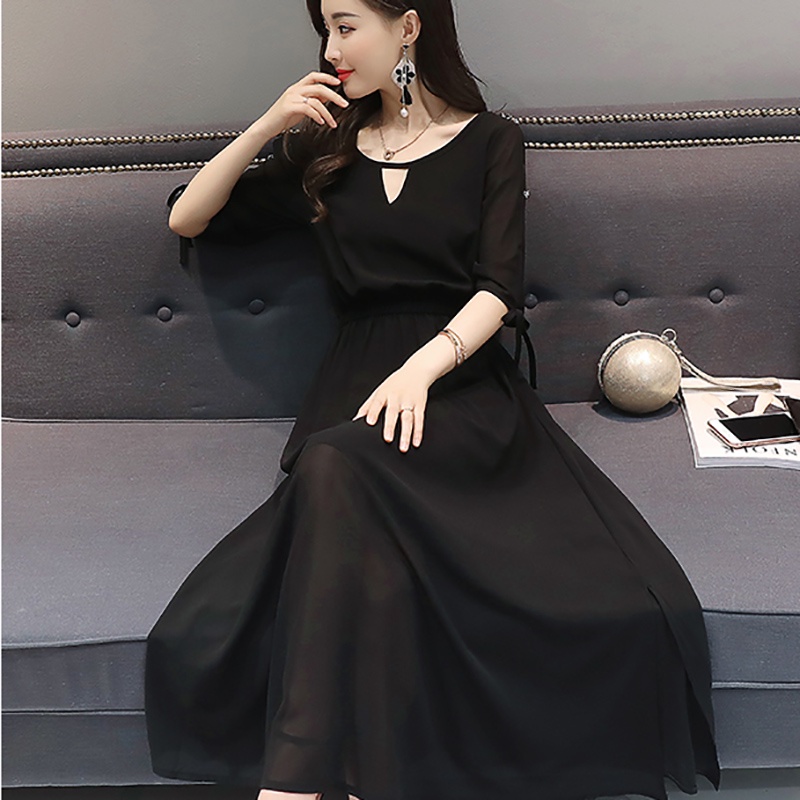 IELGY Đầm Chiffon Dáng Rộng Tay Ngắn Màu Trơn Xẻ Tà Thời Trang Cho Nữ