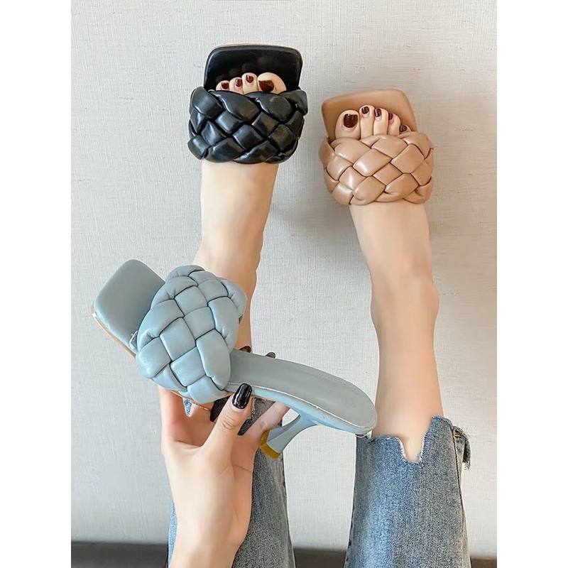 Guốc lê nữ quai ngang dây bện phồng gót cao 5cm