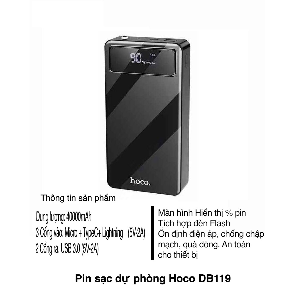 Pin sạc dự phòng Hoco DB119 dung lượng khủng 40000mAh sạc nhanh 2 cổng USB 5V/2A Max tích hợp đèn pin, màn hình LCD