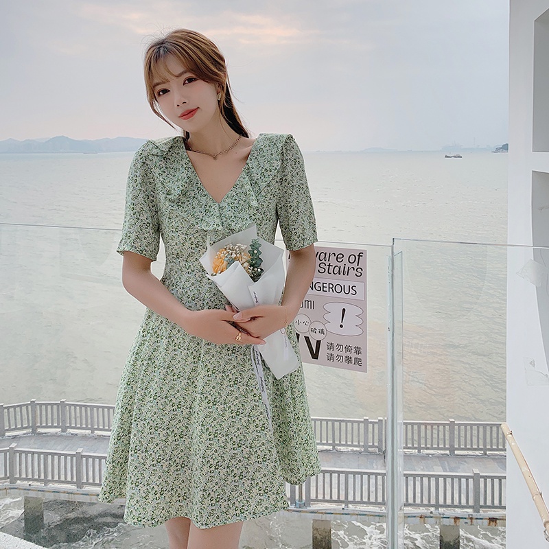 Đầm Voan Hoa Ngắn Tay Cổ Tim Phối Ren Xinh Xắn Theo Phong Cách Hàn Quốc Dành Cho Nữ váy