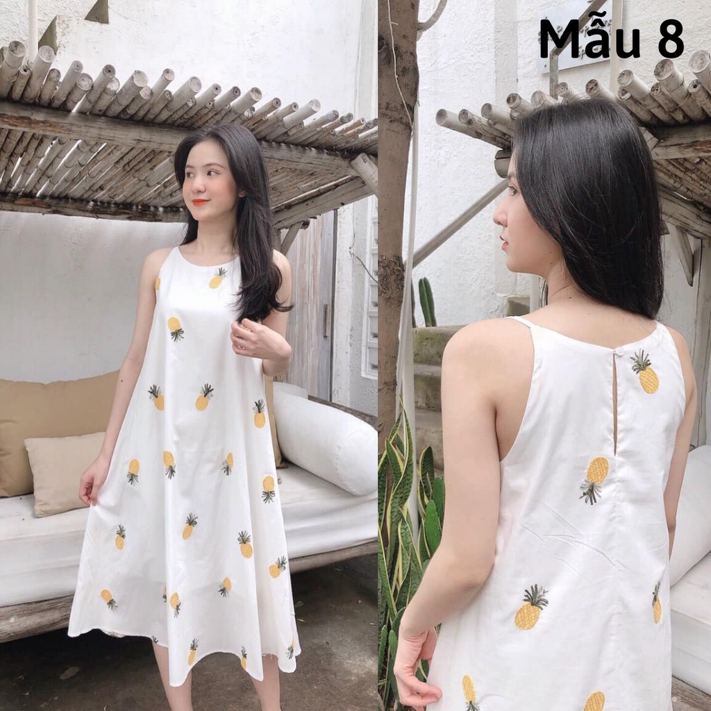 Đầm maxi form rộng chữ A, Đầm yếm dáng suông dài qua gối Cao Cấp vải kate trắng thêu hoa nhí, sát nách cổ tròn - MiNhi