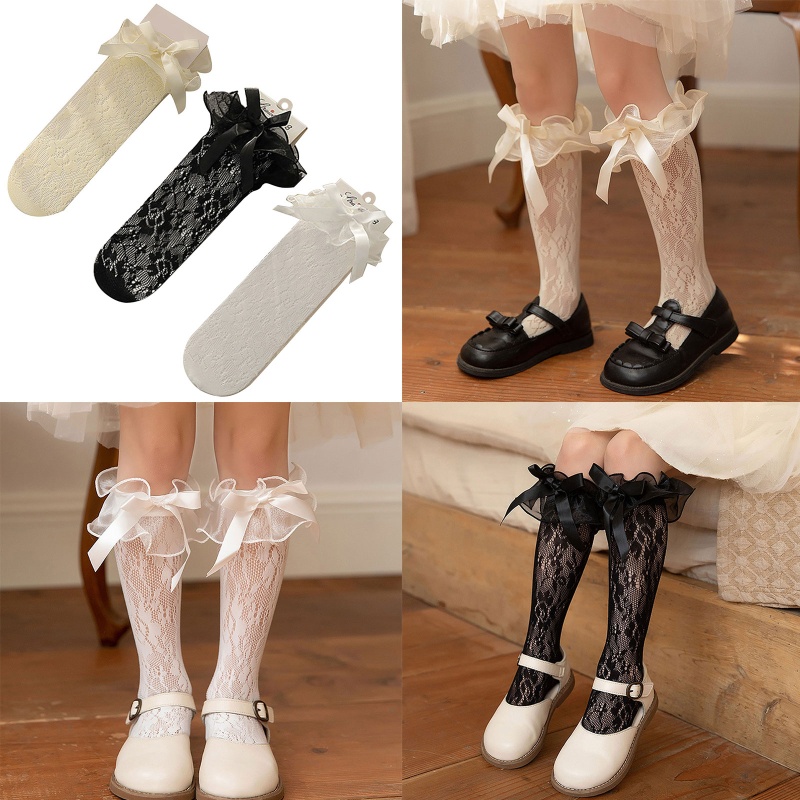 Tất Lưới Cao Tới Gối Vải Satin Phối Nơ Dễ Thương Dành Cho Bé Gái xiangbao