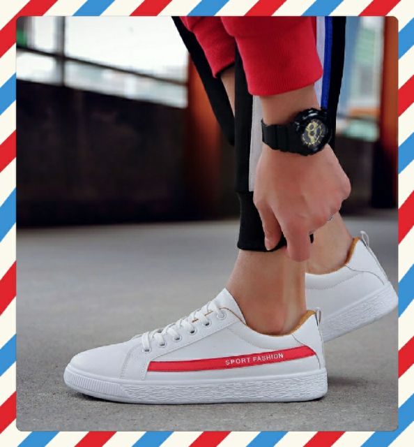 🎯FLASH SALE🃏Giày Da Nam Sneaker Thể Thao SHOES HOUSE 🧩mã G4- Trắng kẻ Đỏ Sport Fashion