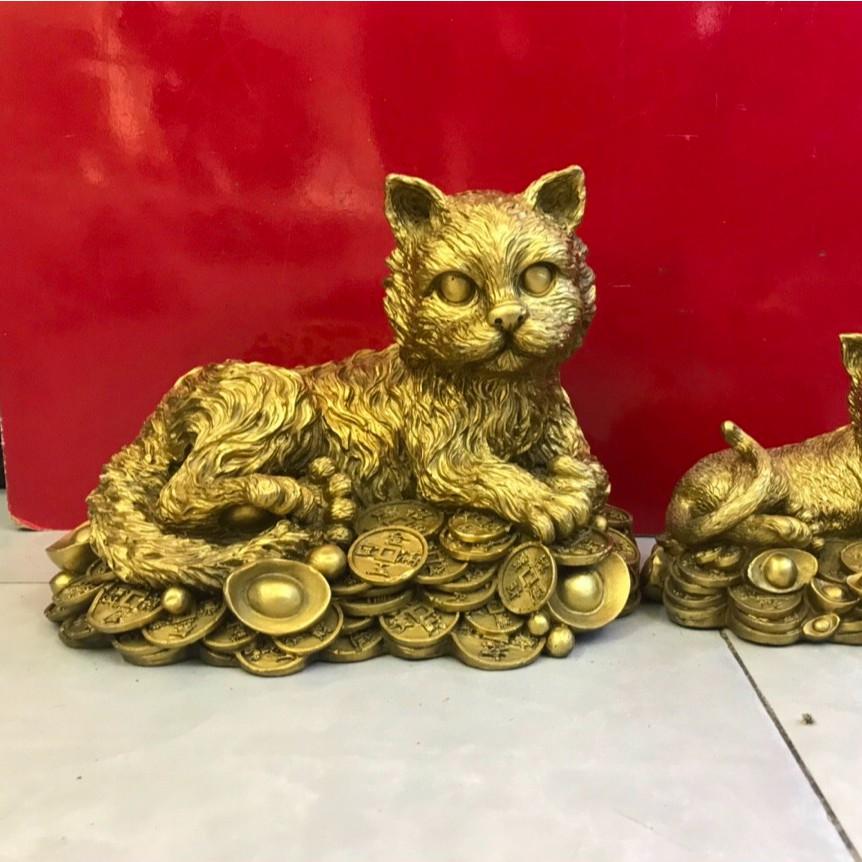 Tượng Đồng Phong Thủy - Đồ Thờ Bằng Đồng - Mèo Ngồi Tiền Giáp Ngọc To