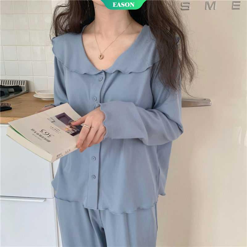 Bộ Đồ Ngủ Tay Dài Cổ Búp Bê Dễ Thương Cho Nữ
