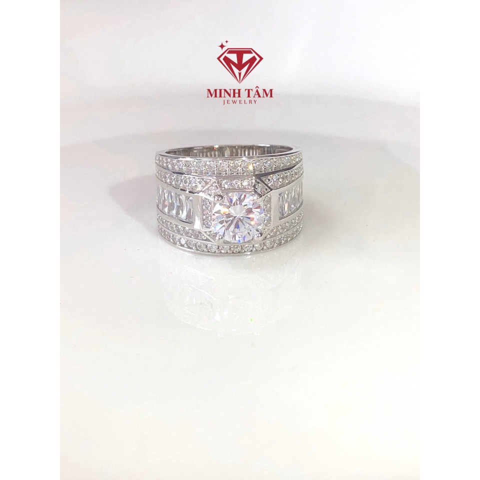 Nhẫn bạc nam xi bạch kim cao cấp viền đá xung quanh ổ đá chủ 6 ly-Minh Tâm Jewelry