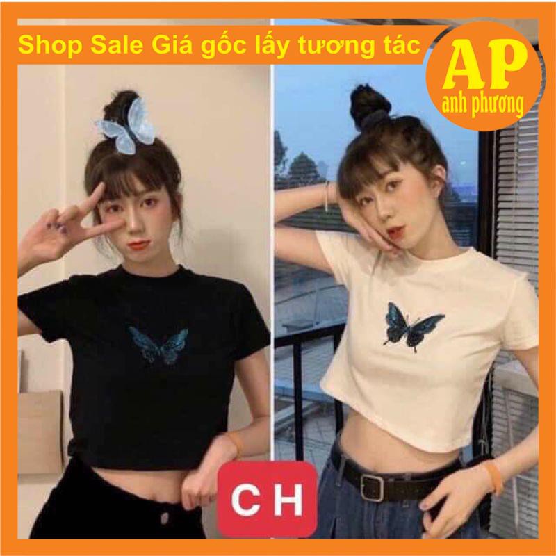 Áo croptop bodip Bướm Xanh co giãn 4 chiều, áo thun nữ ôm body