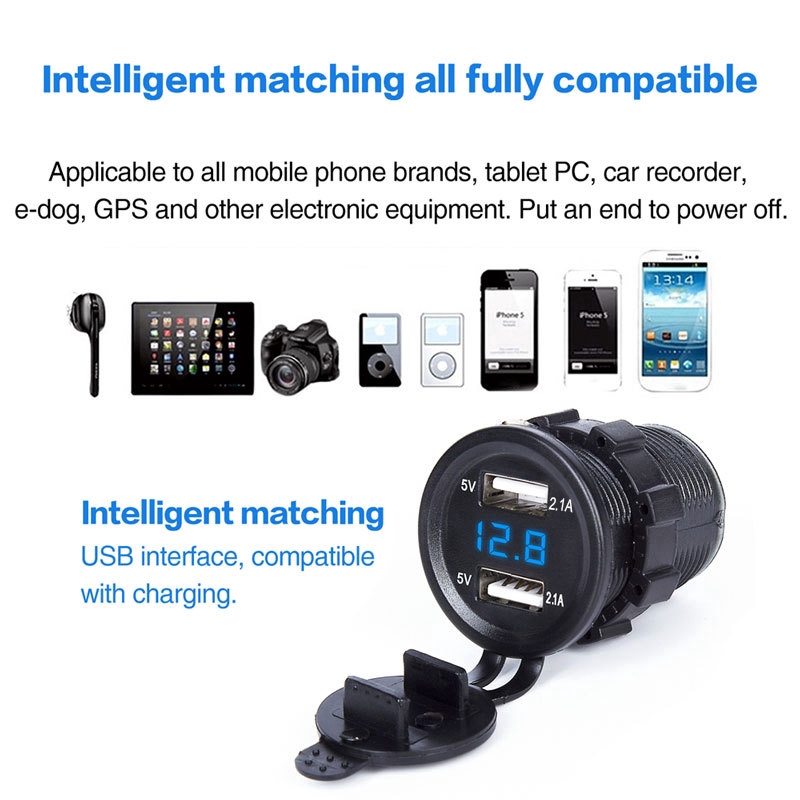 Car Dual USB Charger Socket Adapter LED Display with Dust Cover Power Socket Car Motorcycle Waterproof USB Quick Charge