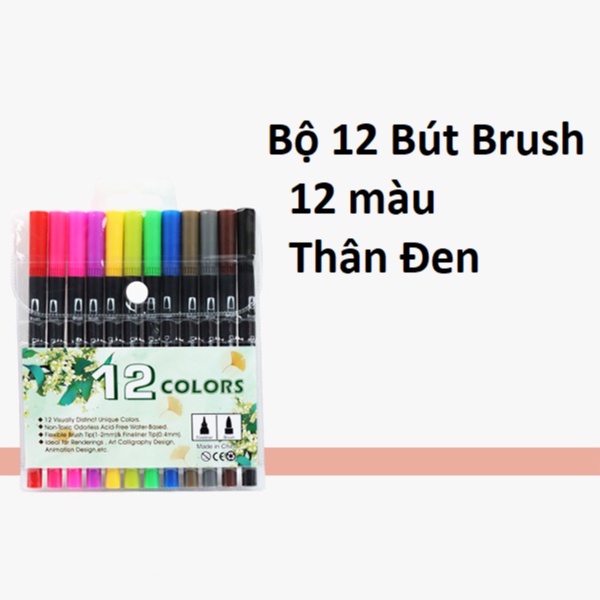 Bút brush 2 đầu bộ 12 cây viết calligraphy HAKI, bút dạ màu marker trang trí sổ bullet journal văn phòng phẩm B48