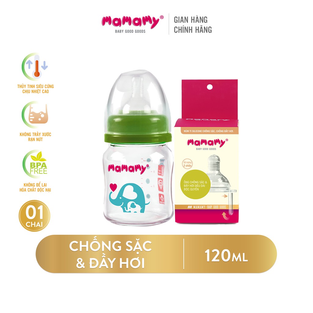 Bình sữa thuỷ tinh và 1 hộp núm ti chống sặc và đầy hơi Mamamy bảo vệ hệ tiêu hóa cho bé 120ml (size núm ti S/M/L)