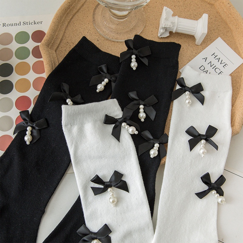 Xixi Vớ Cotton Cao Đến Đầu Gối Đính Nơ Phối Ngọc Trai Ngọt Ngào Phong Cách Harajuku Cho Nữ Sinh