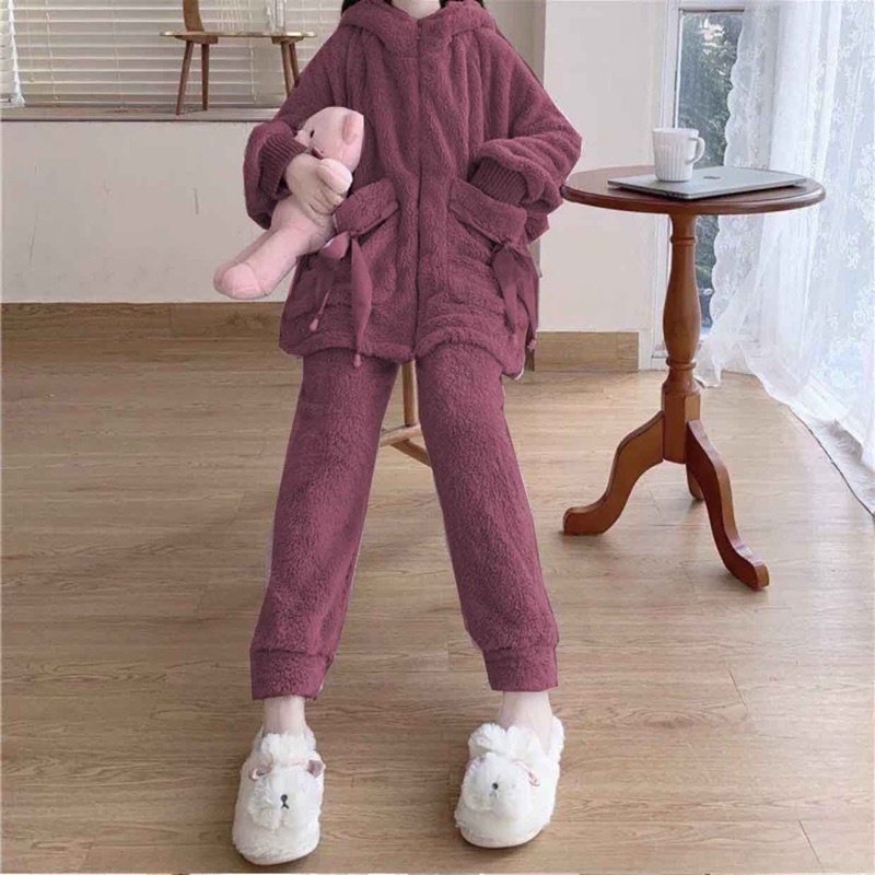 Bộ ngủ nữ lông Nơ Túi Tai Gấuchất lông mịn, ấm áp, giữ nhiệt tốtbộ thu đông mặc nhà☘️Hàng loại 1☘️2 lớpUnisex &lt;50kg