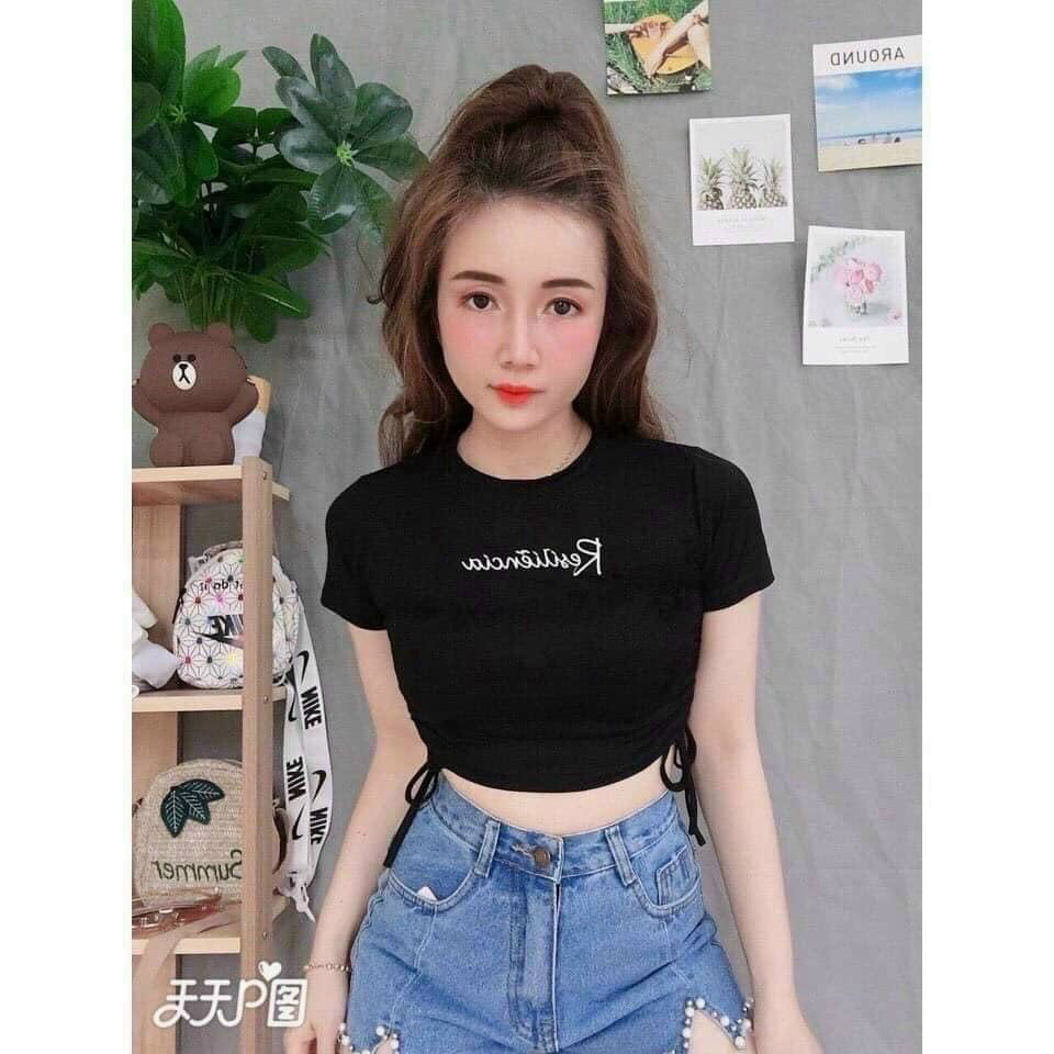 áo croptop thun lụa thêu chữ rút dây 2 bên rusiaa