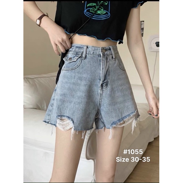 Quần Short Jean Nữ Bigsize Lưng Cao Túi Nắp Kiểu Phối Rách Phong Cách Size Đại Đến 80kg Ms1055